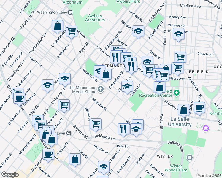 map of restaurants, bars, coffee shops, grocery stores, and more near 606 East Woodlawn Street in Philadelphia