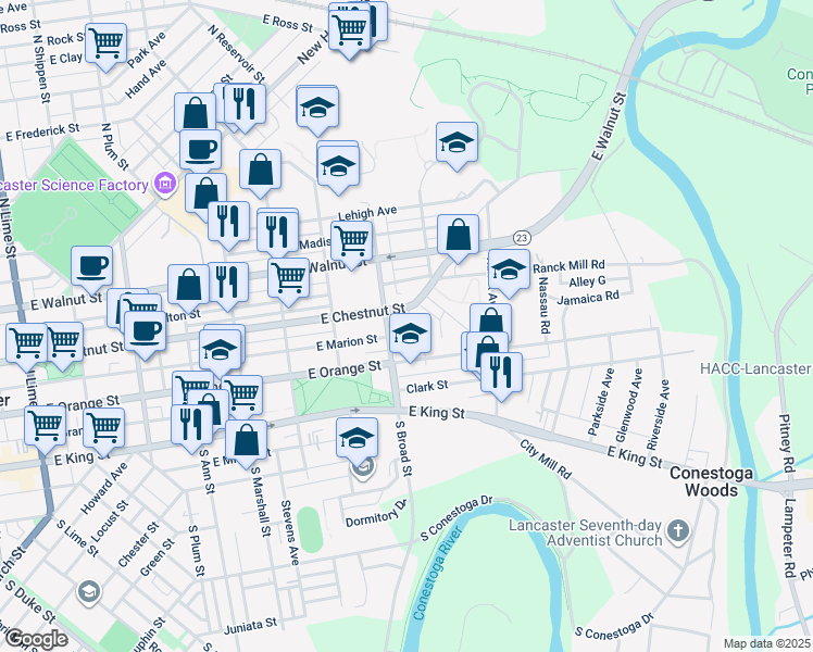map of restaurants, bars, coffee shops, grocery stores, and more near 904 Grofftown Road in Lancaster
