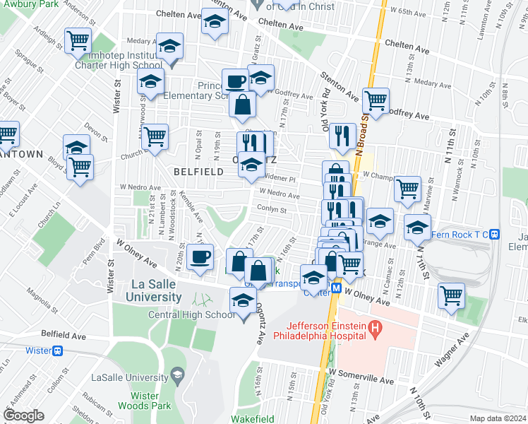 map of restaurants, bars, coffee shops, grocery stores, and more near 1702 Conlyn Street in Philadelphia