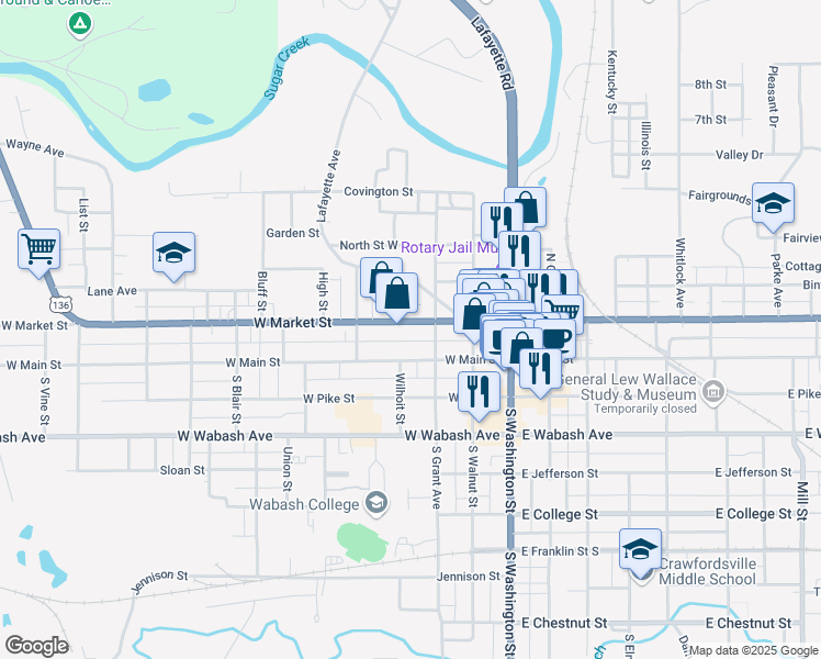 map of restaurants, bars, coffee shops, grocery stores, and more near 305 West Market Street in Crawfordsville