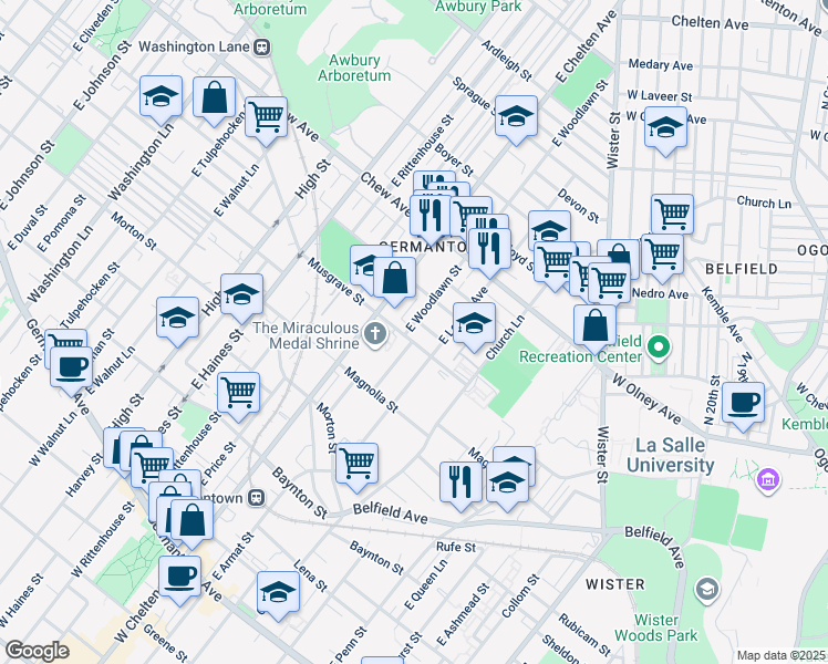 map of restaurants, bars, coffee shops, grocery stores, and more near 606 East Woodlawn Street in Philadelphia