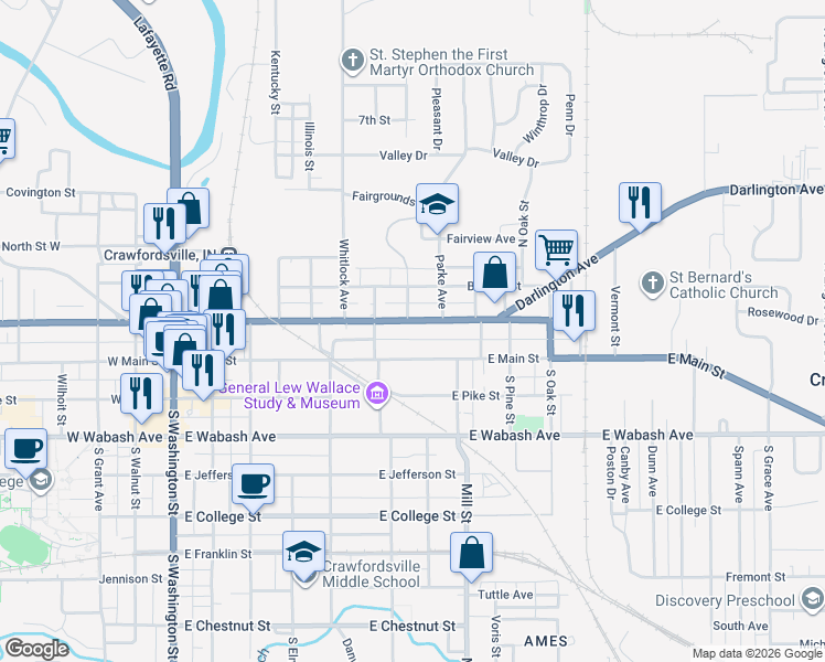 map of restaurants, bars, coffee shops, grocery stores, and more near 703 East Market Street in Crawfordsville