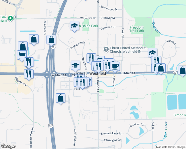 map of restaurants, bars, coffee shops, grocery stores, and more near 125 East Main Street in Westfield