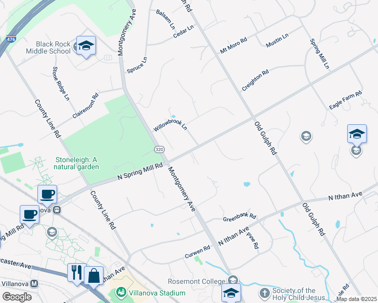 map of restaurants, bars, coffee shops, grocery stores, and more near 429 North Spring Mill Road in Villanova