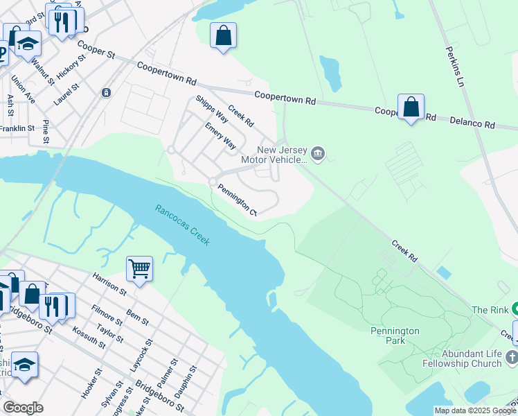 map of restaurants, bars, coffee shops, grocery stores, and more near 61 Pennington Court in Delanco