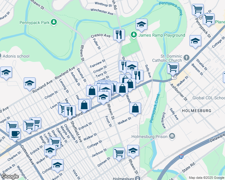 map of restaurants, bars, coffee shops, grocery stores, and more near 8043 Craig Street in Philadelphia