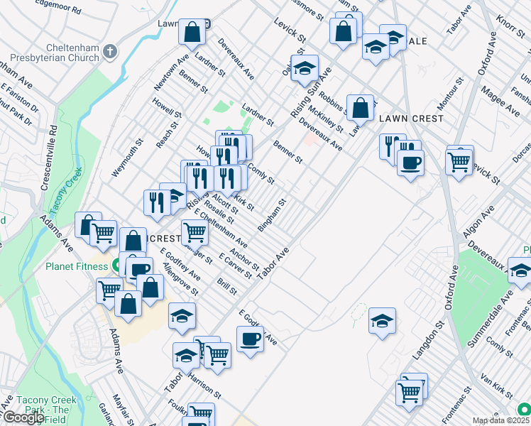 map of restaurants, bars, coffee shops, grocery stores, and more near 577 Van Kirk Street in Philadelphia