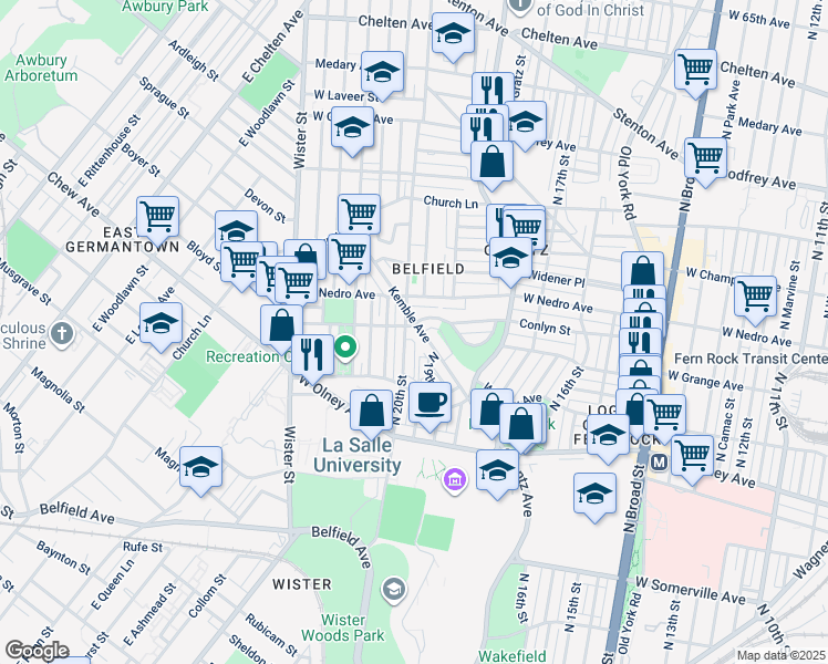 map of restaurants, bars, coffee shops, grocery stores, and more near 5838 Kemble Avenue in Philadelphia