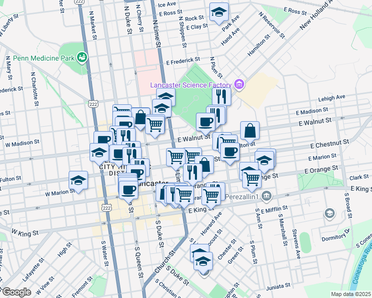 map of restaurants, bars, coffee shops, grocery stores, and more near 215 East Fulton Street in Lancaster