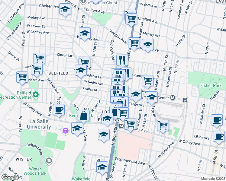 map of restaurants, bars, coffee shops, grocery stores, and more near 1435 Conlyn Street in Philadelphia