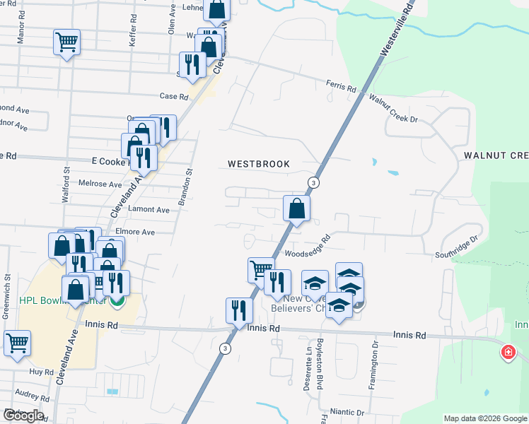map of restaurants, bars, coffee shops, grocery stores, and more near 3603 Westerville Road in Columbus