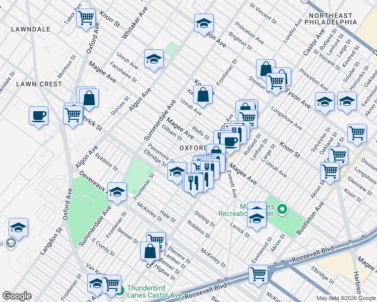 map of restaurants, bars, coffee shops, grocery stores, and more near 1337 Greeby Street in Philadelphia