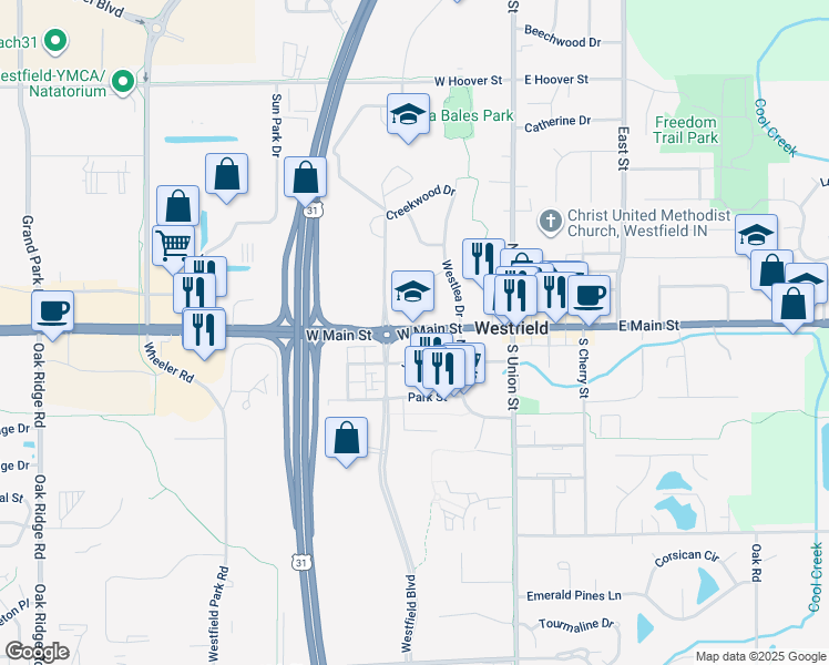 map of restaurants, bars, coffee shops, grocery stores, and more near 315 West Main Street in Westfield