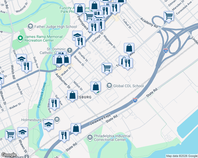 map of restaurants, bars, coffee shops, grocery stores, and more near 8600 Torresdale Avenue in Philadelphia