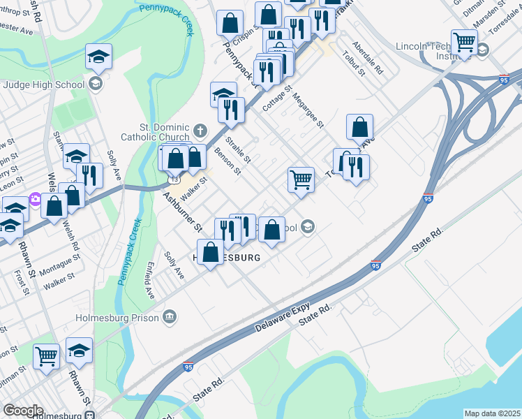map of restaurants, bars, coffee shops, grocery stores, and more near 8510 Marsden Street in Philadelphia