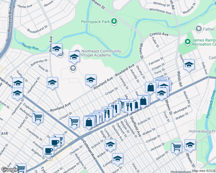 map of restaurants, bars, coffee shops, grocery stores, and more near 3336 Sheffield Avenue in Philadelphia