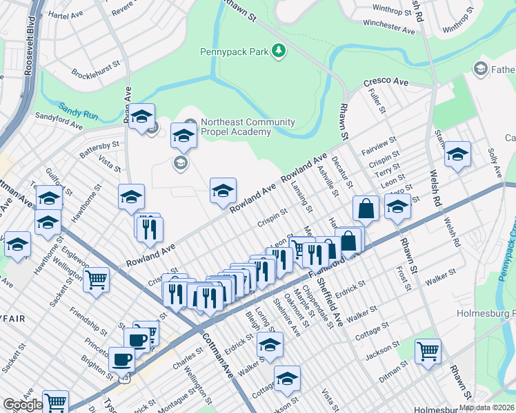 map of restaurants, bars, coffee shops, grocery stores, and more near 3310 Chippendale Street in Philadelphia