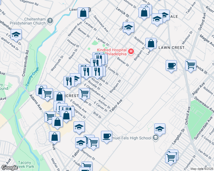 map of restaurants, bars, coffee shops, grocery stores, and more near 580 1/2 Van Kirk Street in Philadelphia