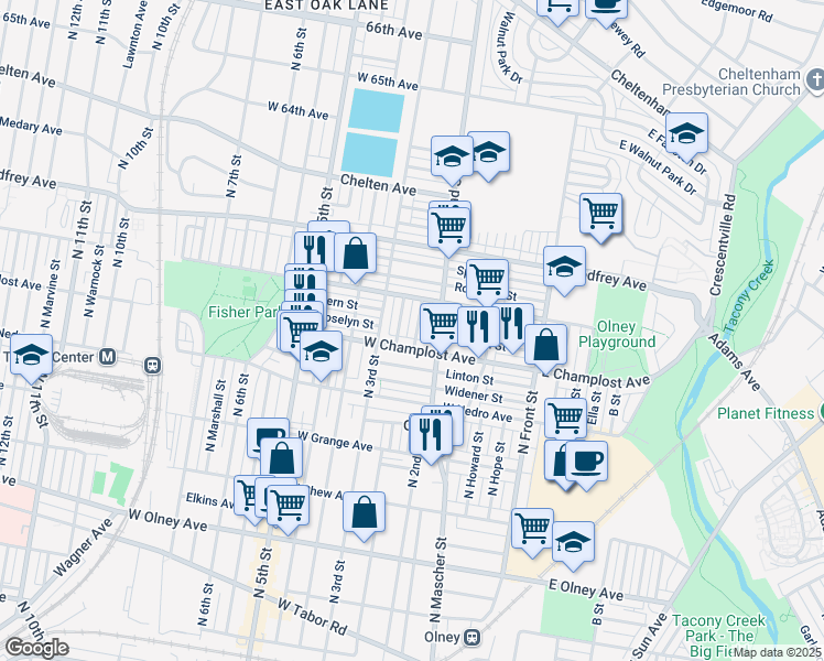 map of restaurants, bars, coffee shops, grocery stores, and more near 6022 North Philip Street in Philadelphia