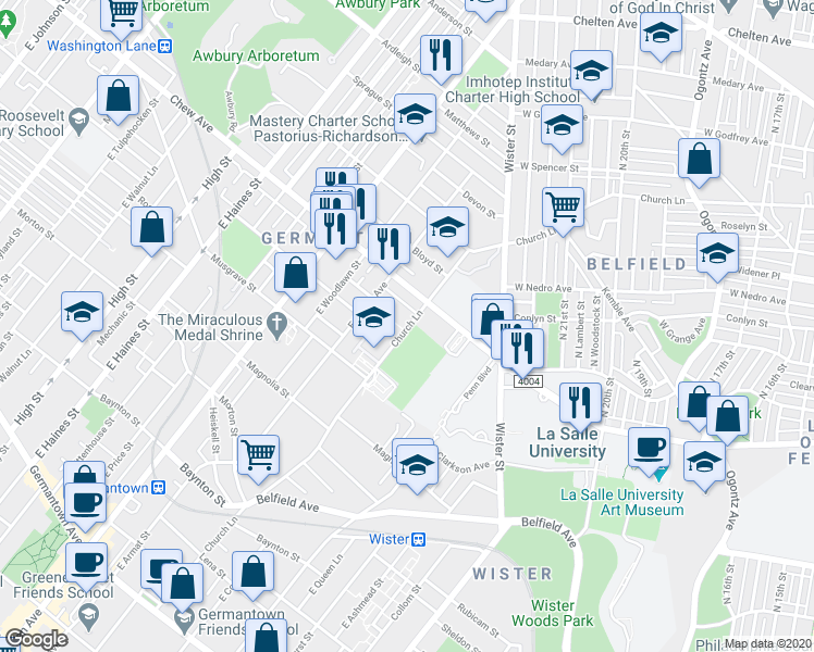 map of restaurants, bars, coffee shops, grocery stores, and more near 602-698 East Church Lane in Philadelphia