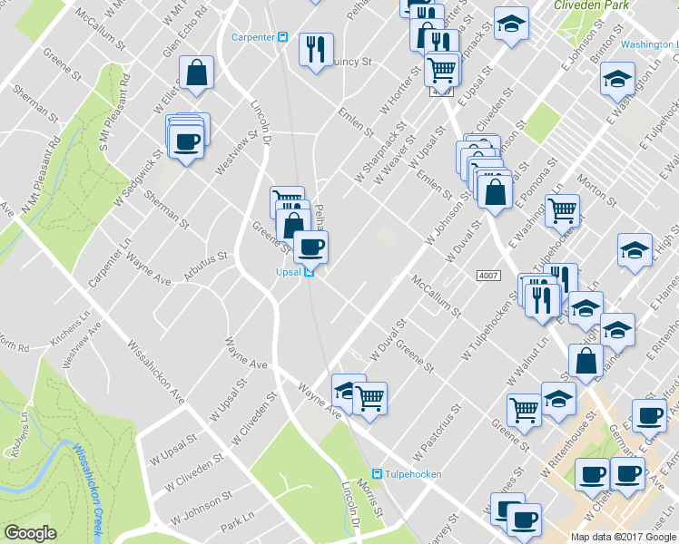 map of restaurants, bars, coffee shops, grocery stores, and more near 312 West Upsal Street in Philadelphia