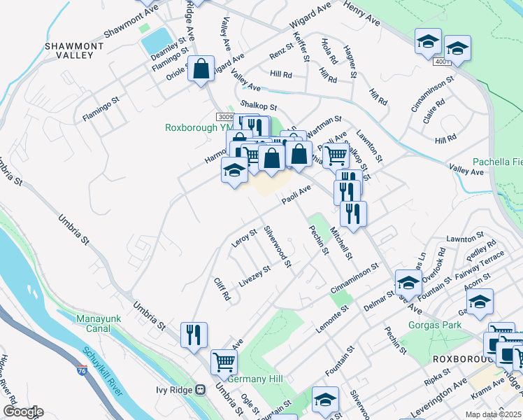 map of restaurants, bars, coffee shops, grocery stores, and more near 380 Paoli Avenue in Philadelphia