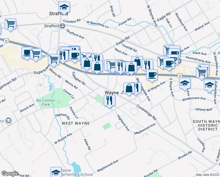 map of restaurants, bars, coffee shops, grocery stores, and more near 157 Conestoga Road in Wayne