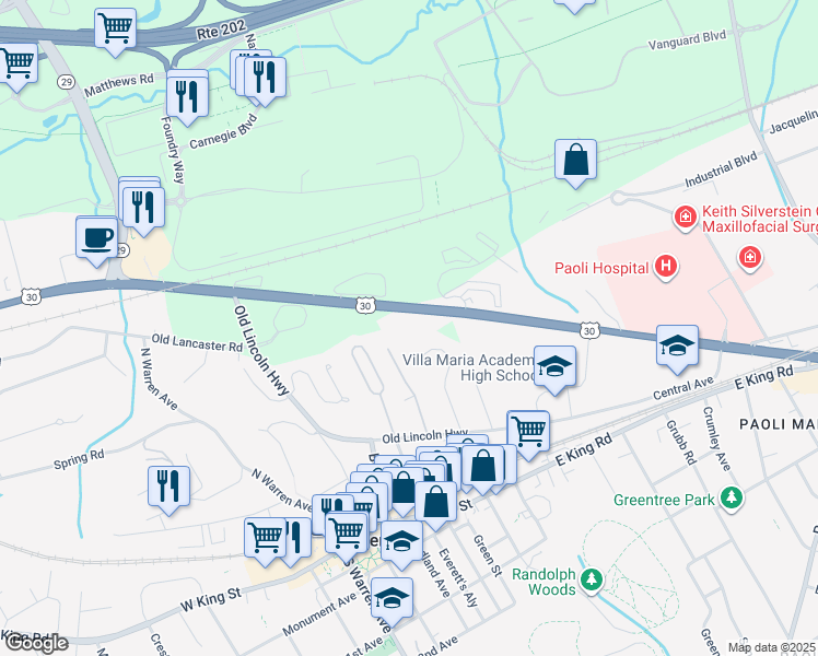 map of restaurants, bars, coffee shops, grocery stores, and more near 324 Lancaster Avenue in Malvern