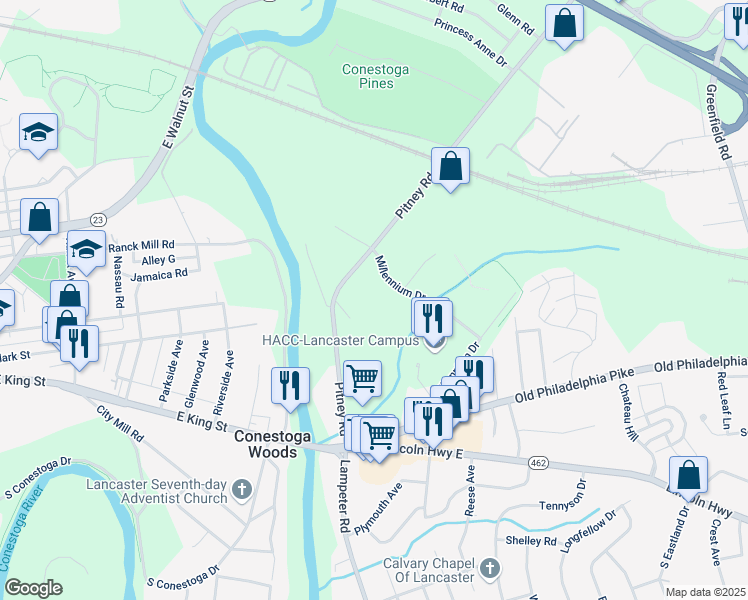 map of restaurants, bars, coffee shops, grocery stores, and more near 77 Pitney Road in Lancaster