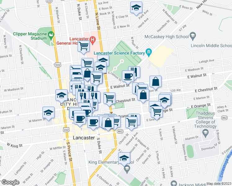 map of restaurants, bars, coffee shops, grocery stores, and more near 240 East Fulton Street in Lancaster