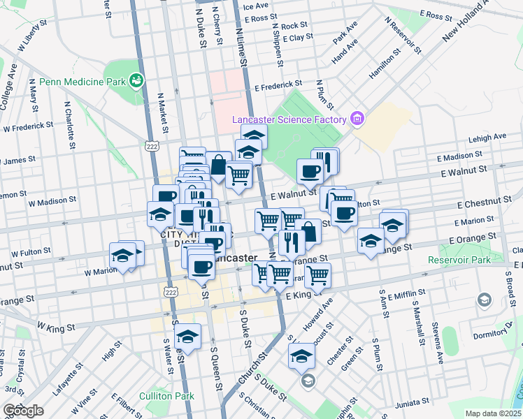map of restaurants, bars, coffee shops, grocery stores, and more near 223 North Lime Street in Lancaster