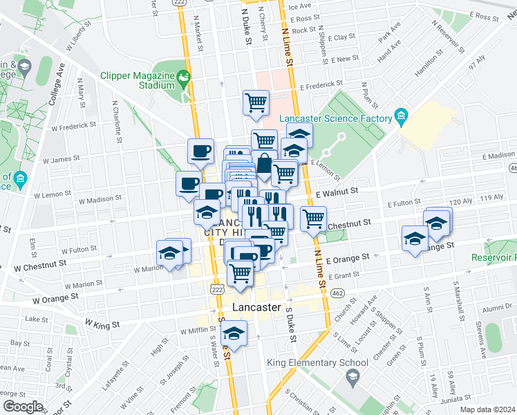 map of restaurants, bars, coffee shops, grocery stores, and more near 38 East Walnut Street in Lancaster