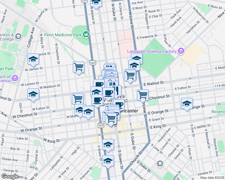 map of restaurants, bars, coffee shops, grocery stores, and more near 217 North Queen Street in Lancaster