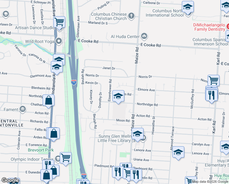 map of restaurants, bars, coffee shops, grocery stores, and more near 3794 Eisenhower Road in Columbus