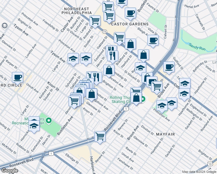 map of restaurants, bars, coffee shops, grocery stores, and more near 2144 Brighton Street in Philadelphia