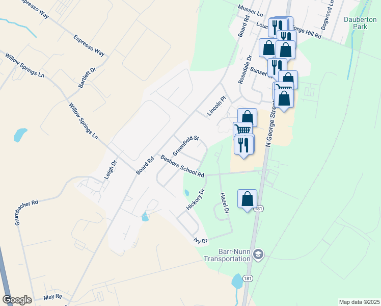 map of restaurants, bars, coffee shops, grocery stores, and more near 40 Evergreen Terrace in Manchester