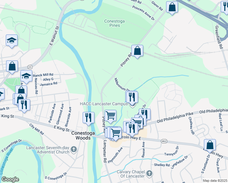 map of restaurants, bars, coffee shops, grocery stores, and more near 77 Pitney Rd in Lancaster