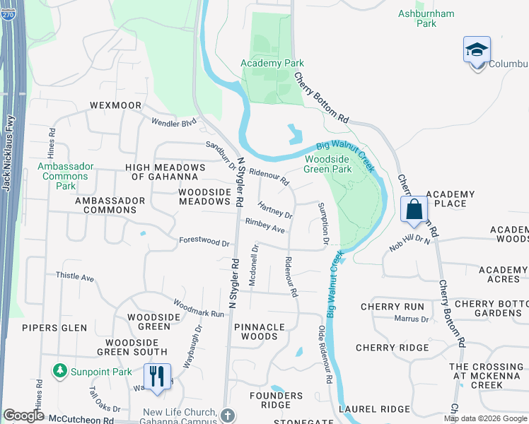 map of restaurants, bars, coffee shops, grocery stores, and more near 915 Hartney Drive in Columbus