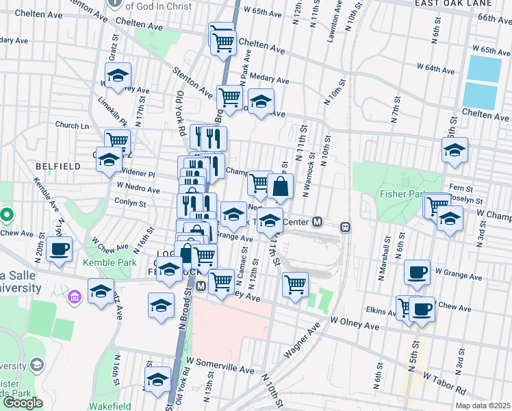 map of restaurants, bars, coffee shops, grocery stores, and more near 1205 West Nedro Avenue in Philadelphia