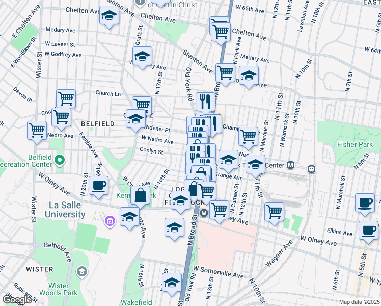 map of restaurants, bars, coffee shops, grocery stores, and more near 1431 Conlyn Street in Philadelphia