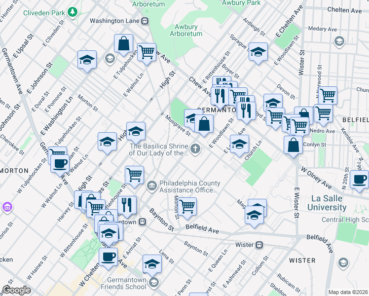 map of restaurants, bars, coffee shops, grocery stores, and more near 533 East Chelten Avenue in Philadelphia