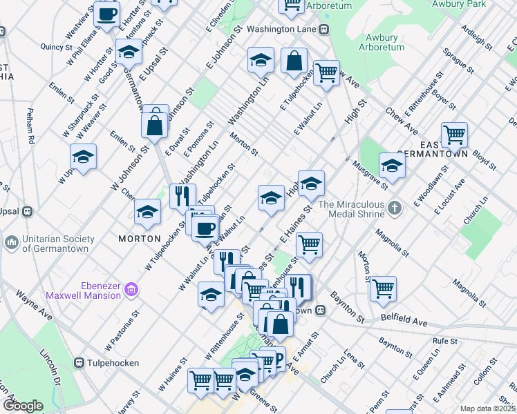 map of restaurants, bars, coffee shops, grocery stores, and more near 134 East Walnut Lane in Philadelphia
