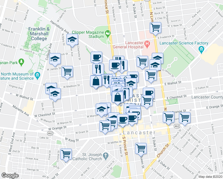 map of restaurants, bars, coffee shops, grocery stores, and more near 201 West Walnut Street in Lancaster