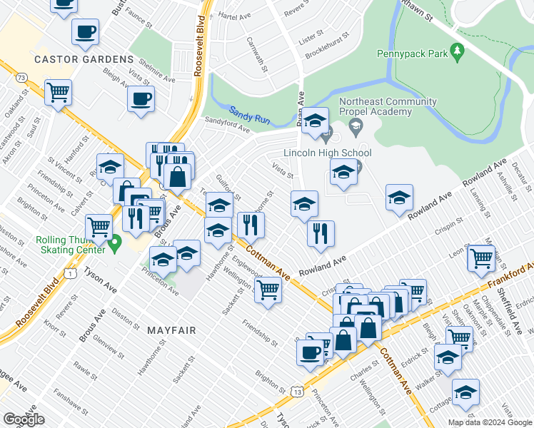 map of restaurants, bars, coffee shops, grocery stores, and more near 3111 Guilford Street in Philadelphia