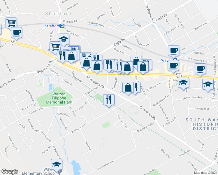 map of restaurants, bars, coffee shops, grocery stores, and more near 157 Conestoga Road in Wayne