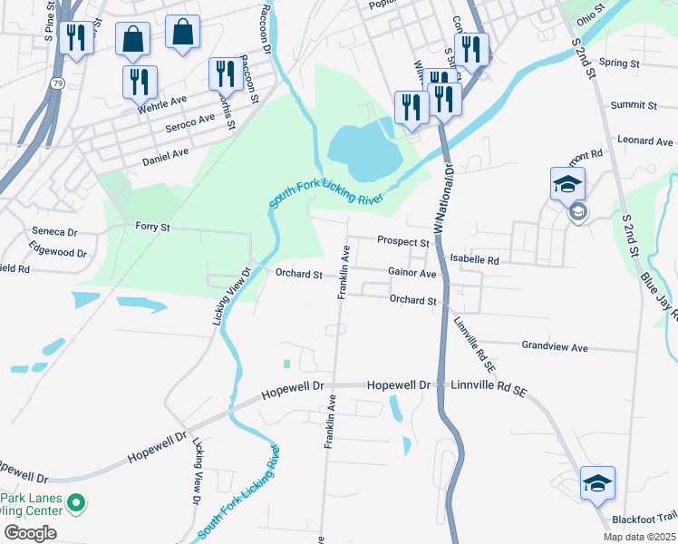 map of restaurants, bars, coffee shops, grocery stores, and more near 75 Franklin Avenue in Newark