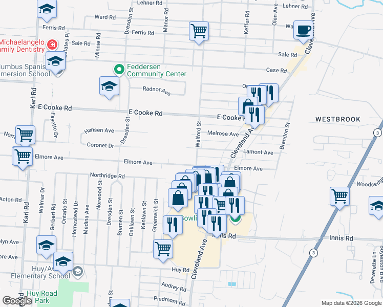 map of restaurants, bars, coffee shops, grocery stores, and more near 3665 Walford Street in Columbus