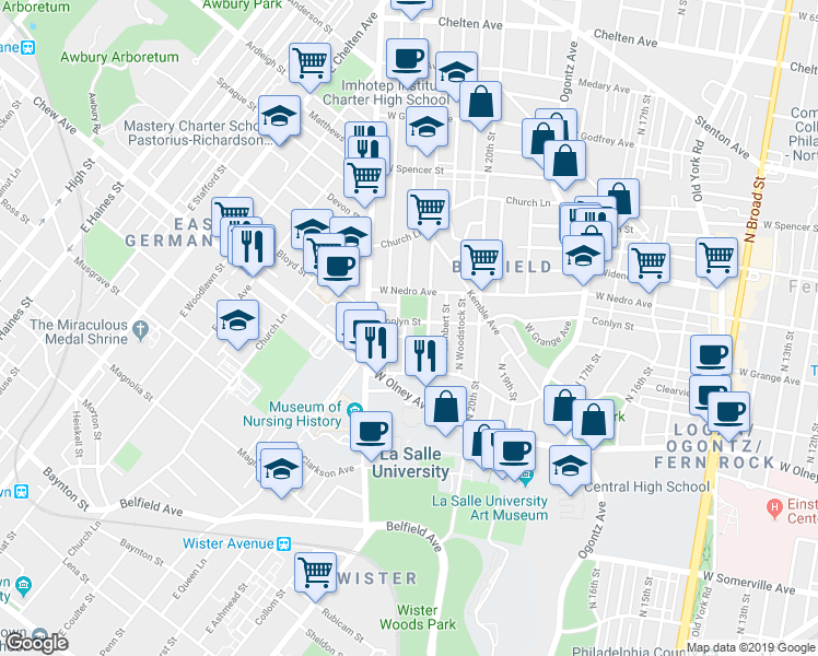 map of restaurants, bars, coffee shops, grocery stores, and more near 5761 North Beechwood Street in Philadelphia