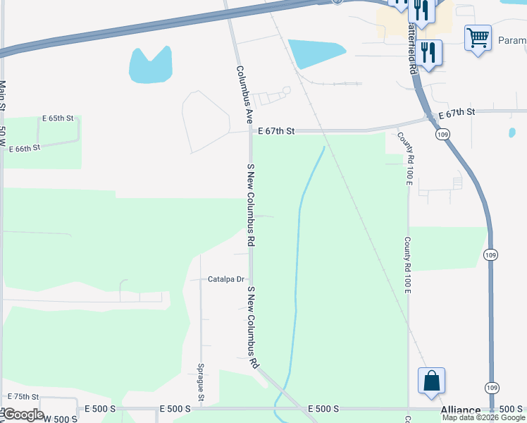 map of restaurants, bars, coffee shops, grocery stores, and more near 4312 South New Columbus Road in Anderson