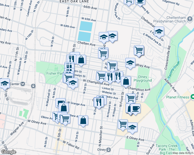map of restaurants, bars, coffee shops, grocery stores, and more near 6027 North Philip Street in Philadelphia